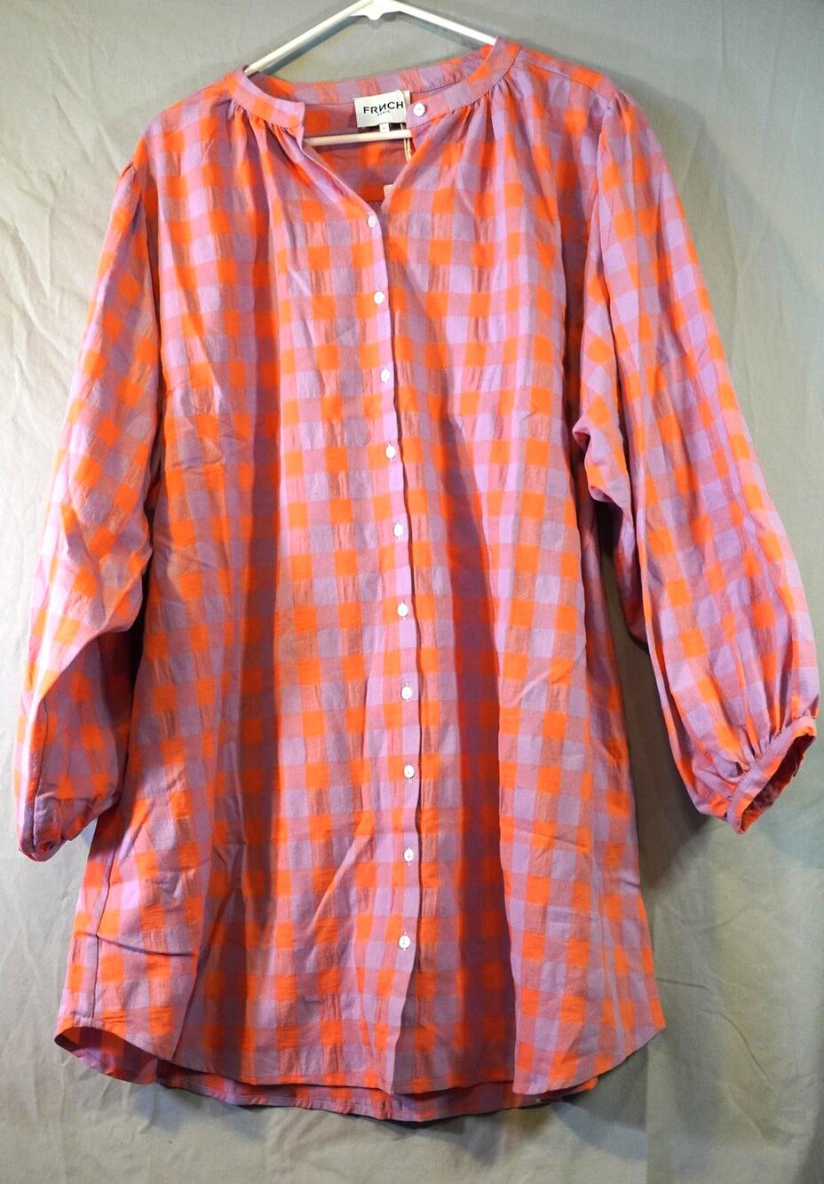 FRNCH Paris Noely Gingham Check Button Front Shirt Dress Orange Purple Large NWT